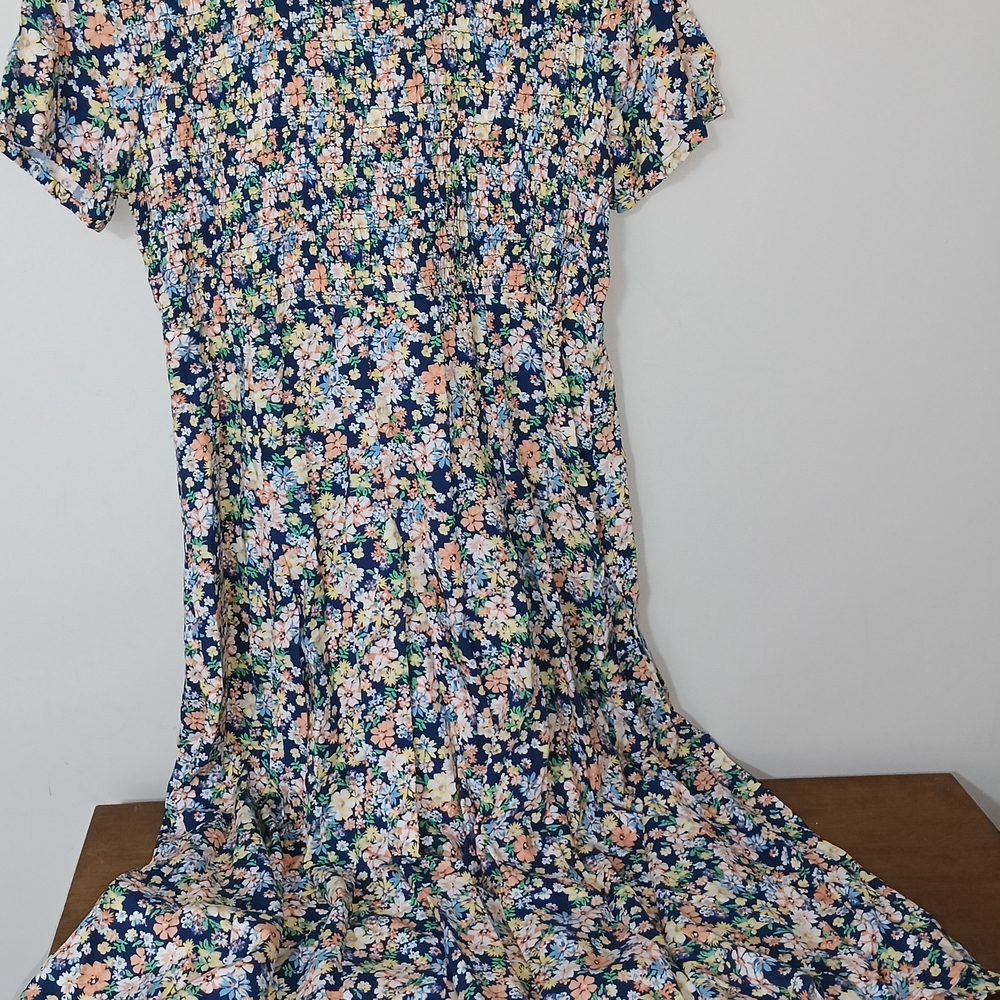 Blair Navy Floral Smocked Waist Casual Dress
